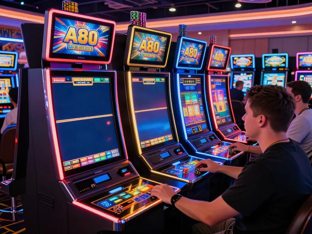 A80 slot information platform featuring lively players engaged with vibrant slot machines in a casino.