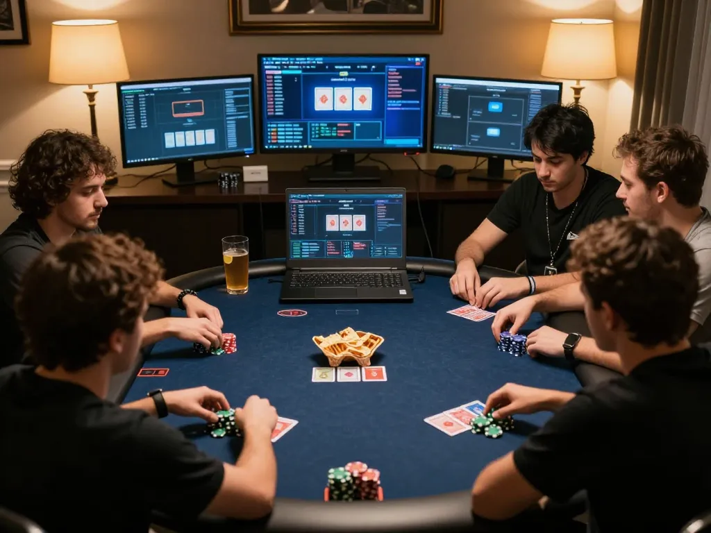 zx88 players engaged in an online poker game, showcasing screens and chips in a cozy home office setting