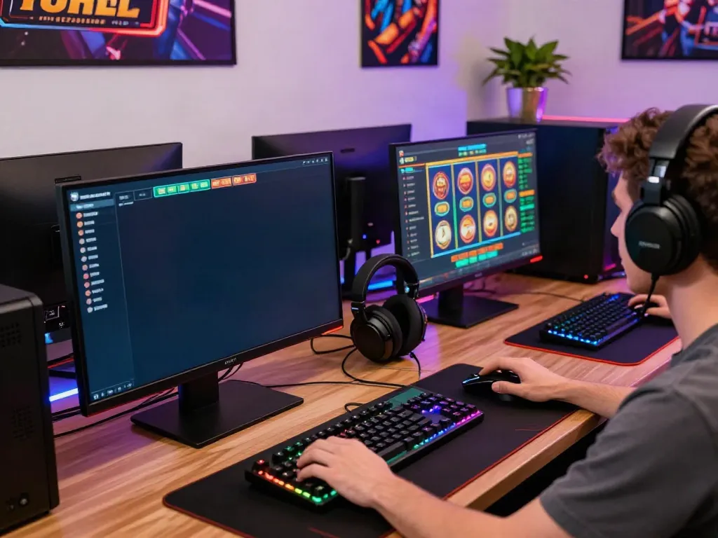 Engaged player in an A80 online gaming setup with vibrant slot visuals and gaming gear.