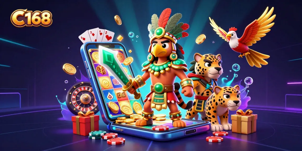 Experience vibrant gaming action with C 168 as the Aztec warrior battles through colorful slot games and casino elements.