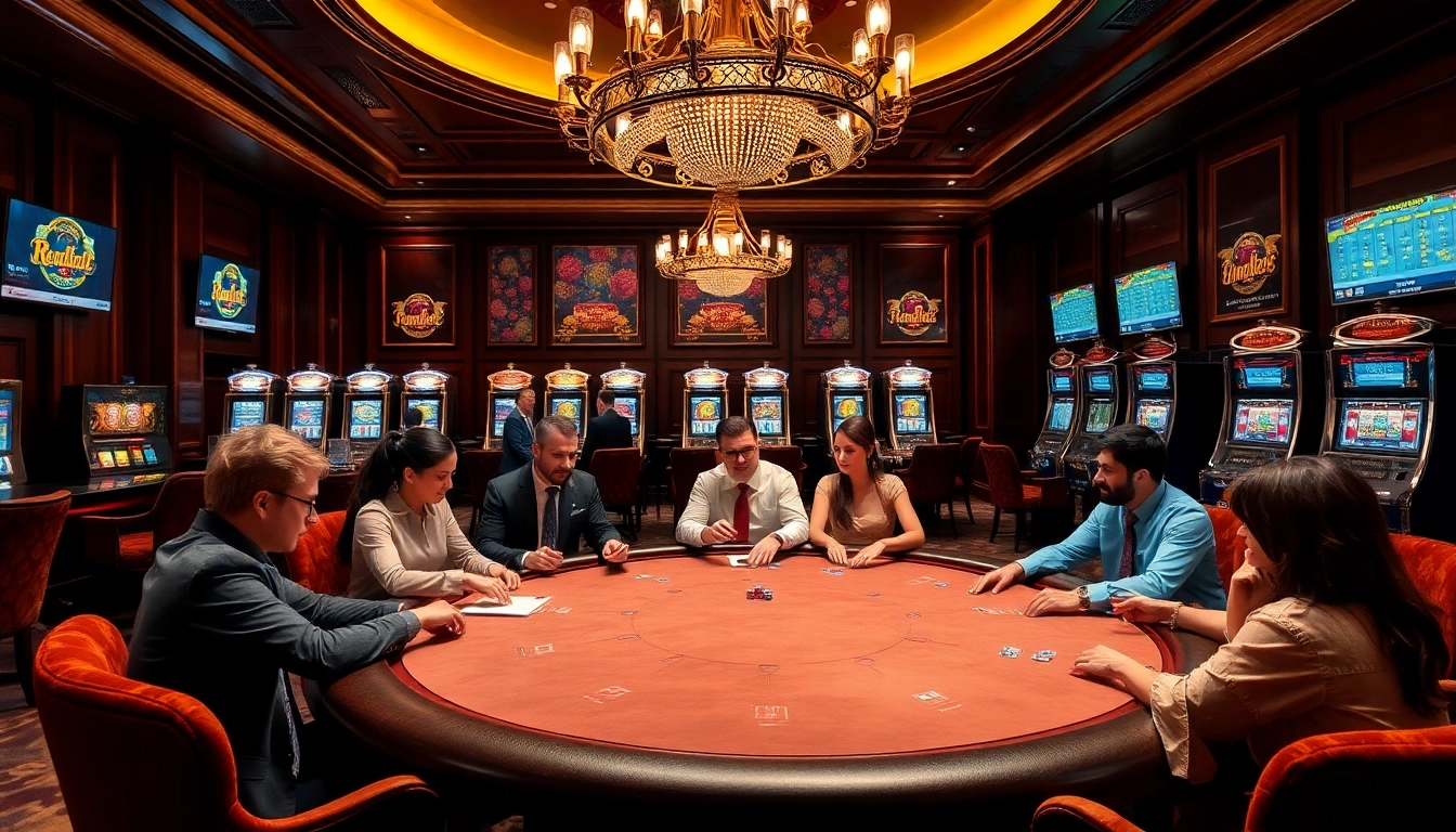 Players at LC88 enjoy a thrilling poker game in a luxurious casino environment, capturing the excitement of online gambling.