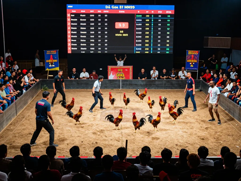 View of an exciting Đá Gà MM99 betting scene showcasing vibrant environment and intense action among spectators.
