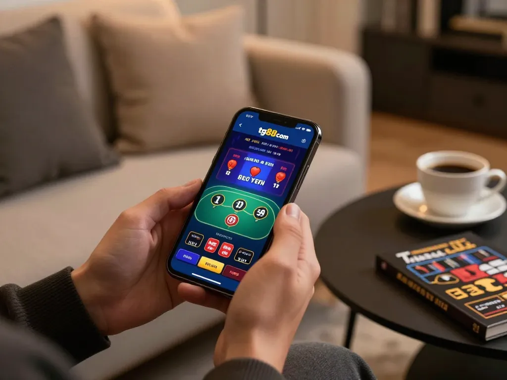Engaging smartphone gameplay on tg88 com app, showcasing live dealer casino features in a cozy setting