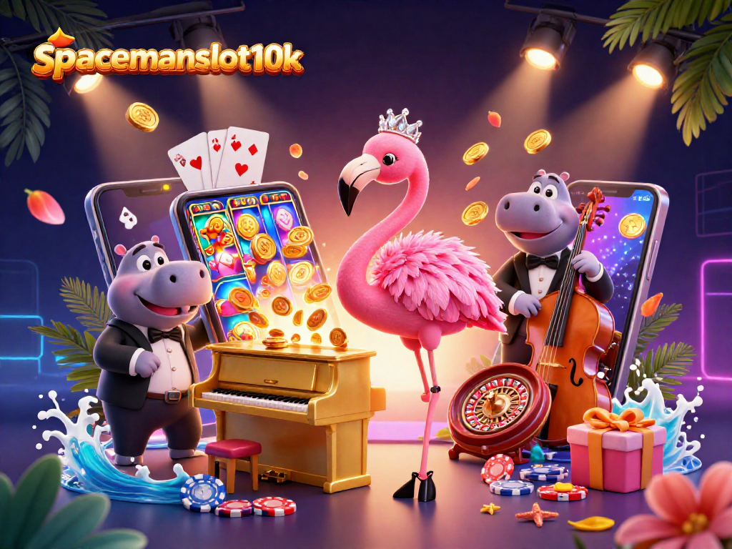 Experience the excitement of spacemanslot10k with colorful slots, golden coins, and lively characters.