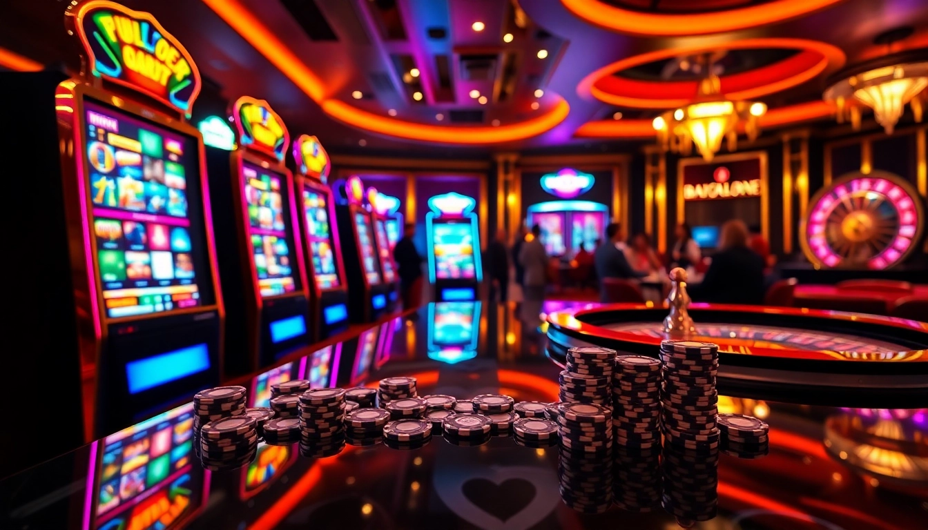 Exciting gaming session at Bro138 slot platform with vibrant machines and colorful chips.