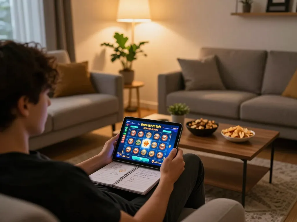 Permainan menarik di Demo Slot PG Soft Mirip Asli yang ditampilkan di tablet dalam lingkungan rumah yang nyaman