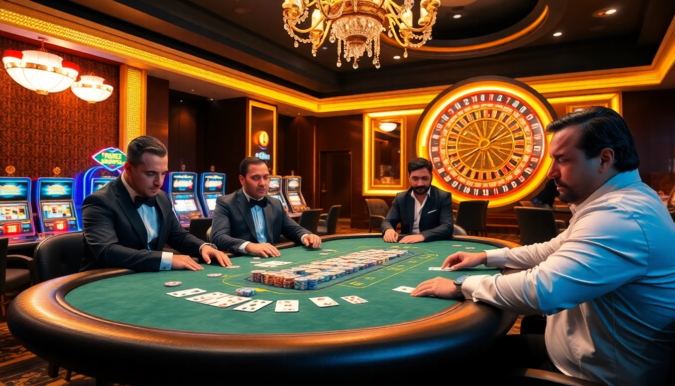 Engaging players at a Cwin poker table in a glamorous casino setting.