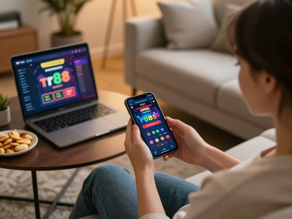 Engaging with tr88 bet on a smartphone in a cozy gaming setup.