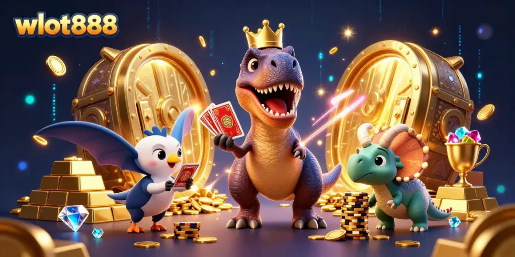 Permainan seru wslot888 dengan T-Rex mengocok kartu dan Triceratops menumpuk chip emas.