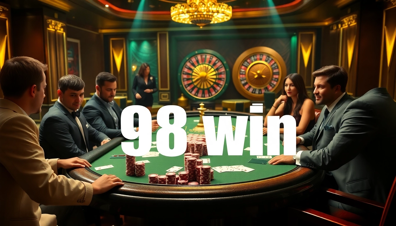Players engaging in high-stakes poker at a glamorous casino, showcasing the thrill of 98 win.