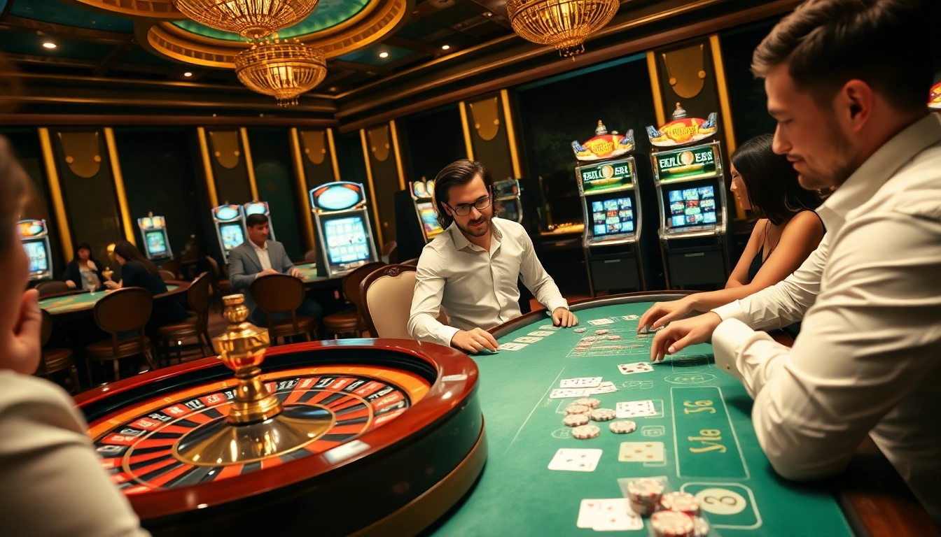 Players enjoying a thrilling gaming experience at luxury138 casino, featuring roulette and slot machines.