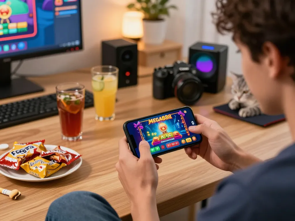 Engaged player maximizing free credit mega888 on smartphone in cozy home setup, enjoying gaming and snacks.