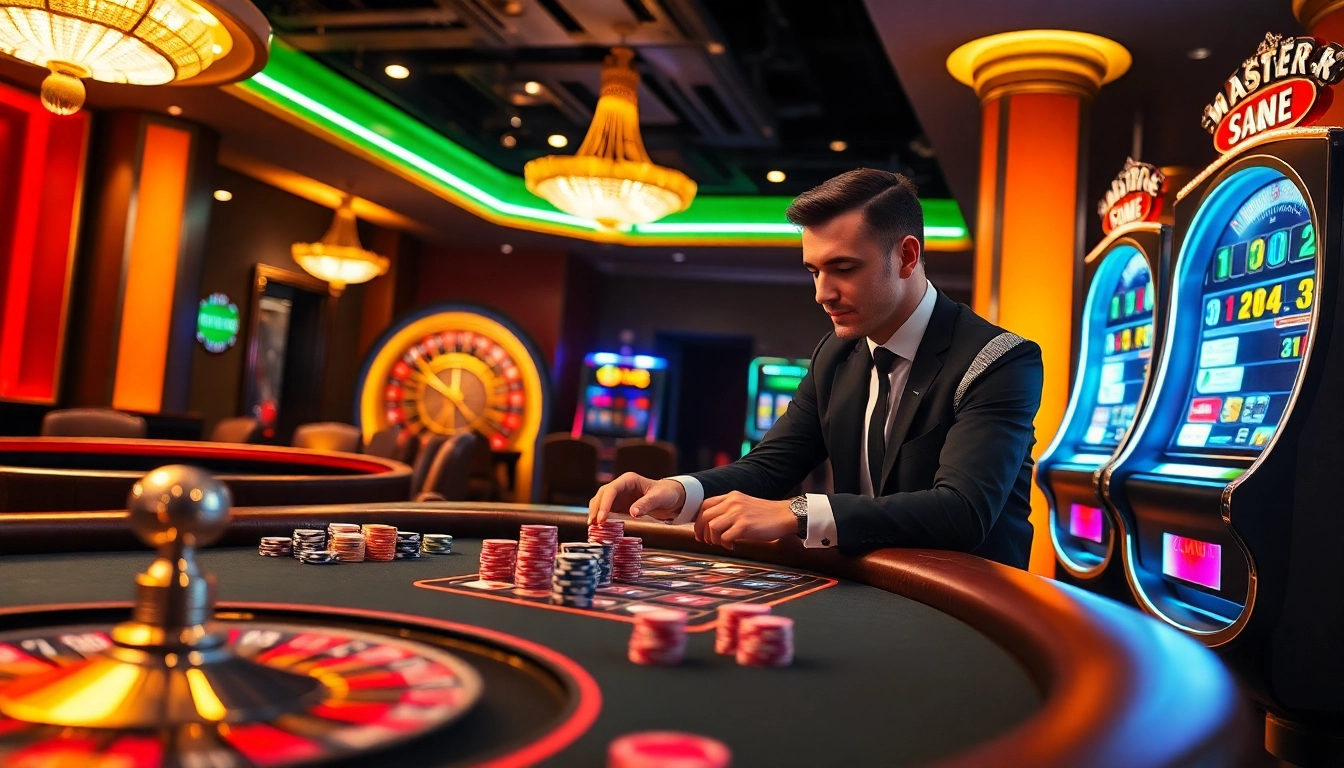 Experience kx8 excitement at a luxurious casino with poker tables and slot machines.