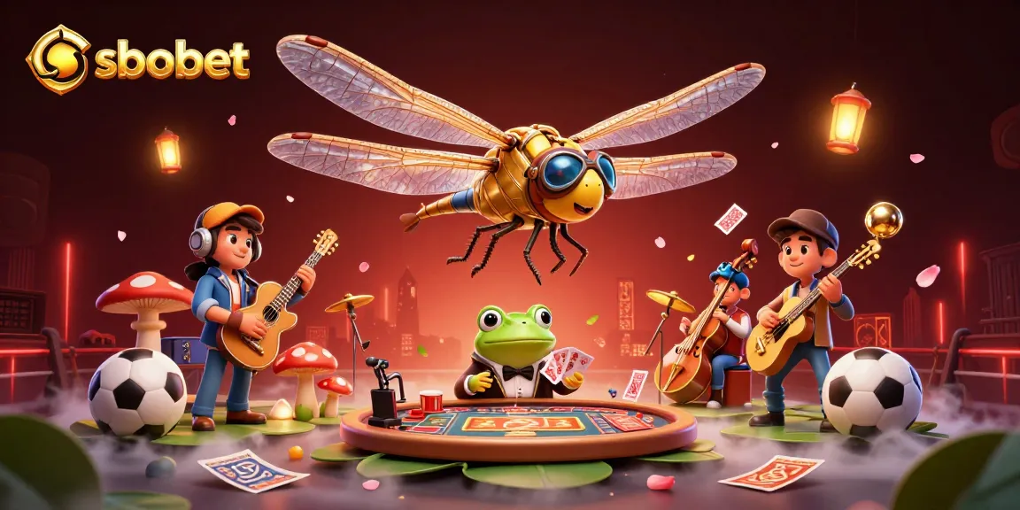 Bet on sbobet in vibrant casino illustration with dragonfly pilot and frog croupier.