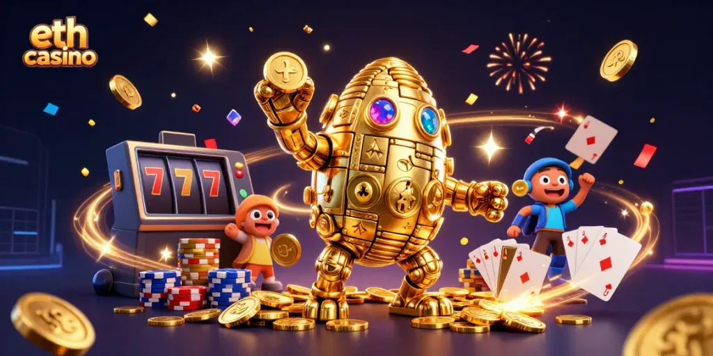 Win big at eth casino with a vibrant 3D rendering of a golden golem surrounded by cascading coins and exciting game elements.