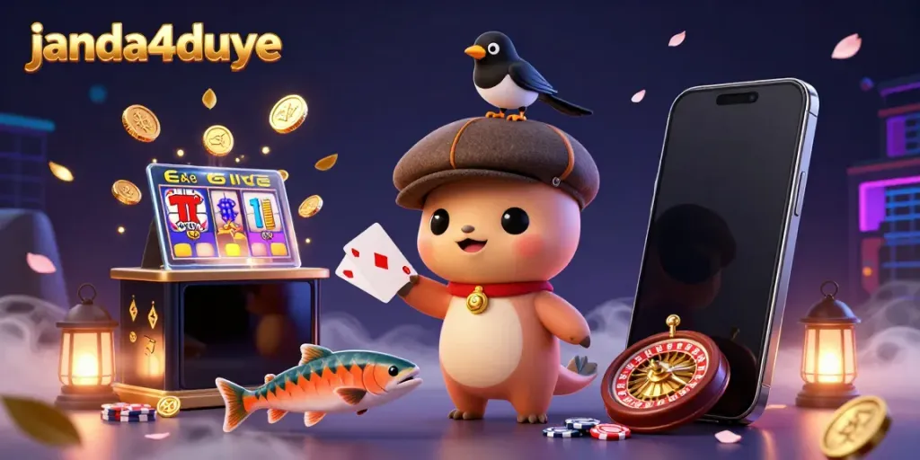 Menggoda para penjudi dengan ilustrasi janda4duye, diisi dengan slot game, simbol uang, dan suasana ceria.