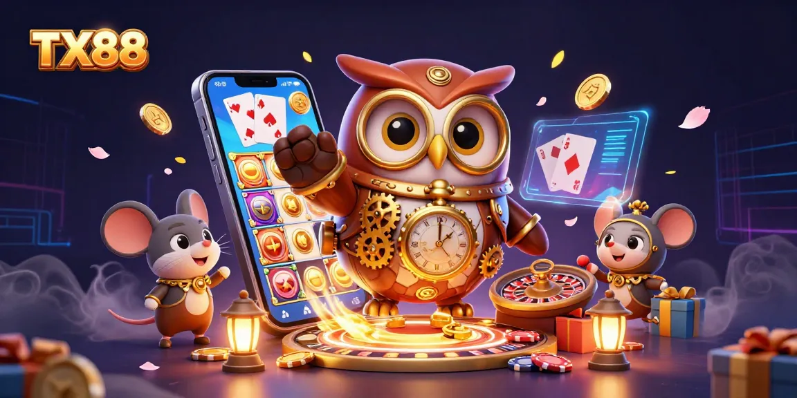 Experience the thrilling world of TX88 with vibrant casino elements, steampunk designs, and animated gaming action.
