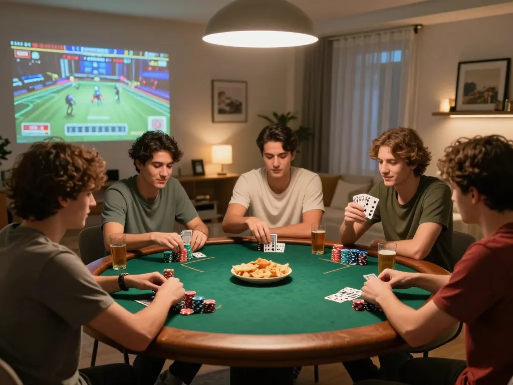 Friends playing Poker Online Domino QQ at home, showcasing lively gameplay and social interaction.