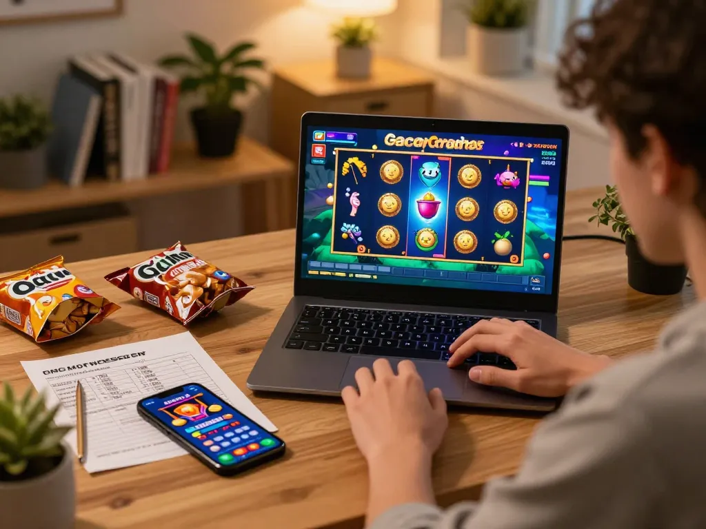 Engaged player experiencing slot gacor gameplay on a laptop in a cozy home setting.