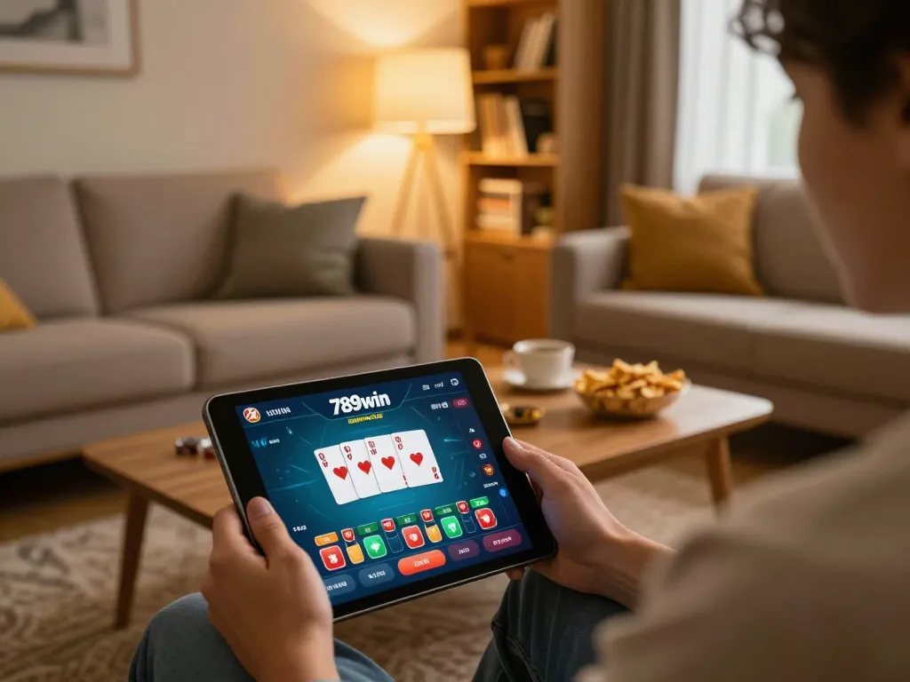 Engaging scene of a player enjoying the 789win club mobile app in a cozy home setup, highlighting online casino excitement.