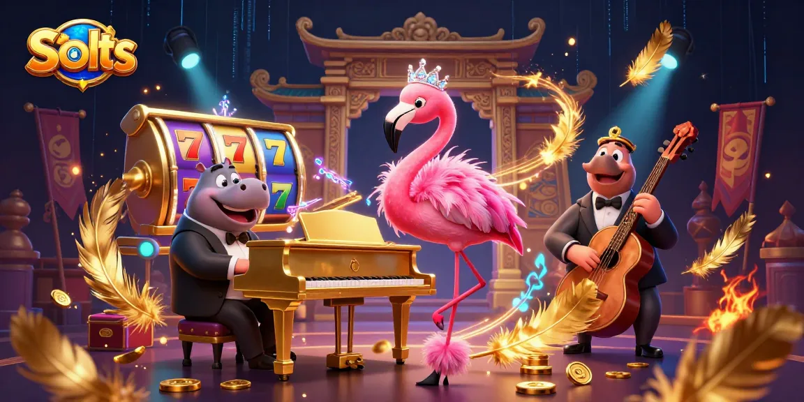 Spin and win with vibrant Slots, featuring dynamic characters and golden coins set in a lively casino scene.