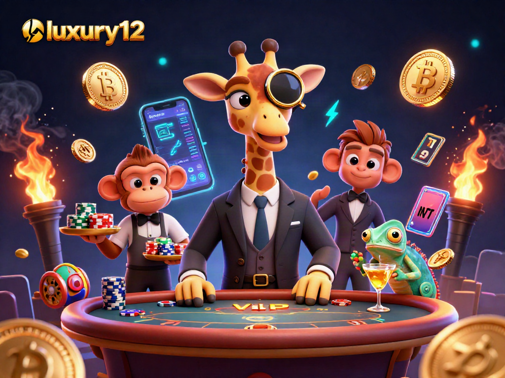 Gambarkan petualangan seru luxury12 saat bermain mesin slot dengan jerapah penggoda dan kucing valet.