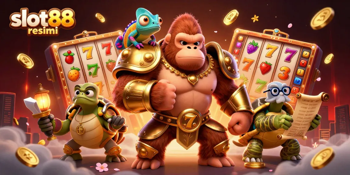 Melihat konsep slot88 resmi yang mengagumkan dengan karakter gorila berperang dan simbol slot berkilau.