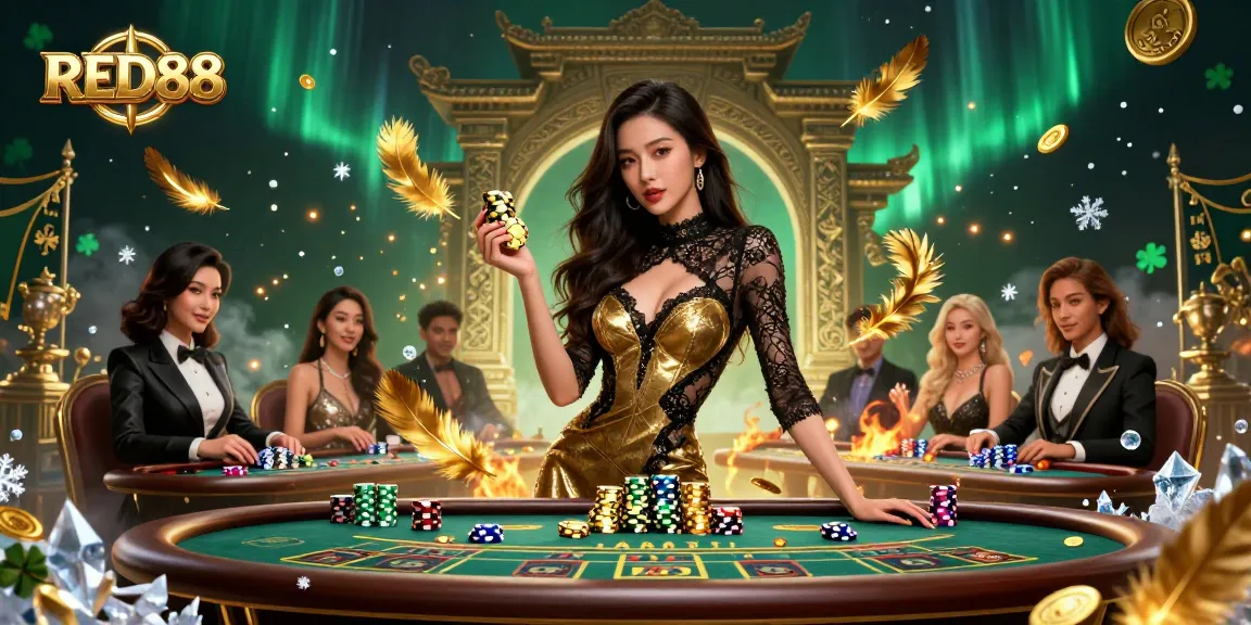 Engage in high-stakes action at RED88's vibrant baccarat scene with golden chips and exclusive atmosphere.