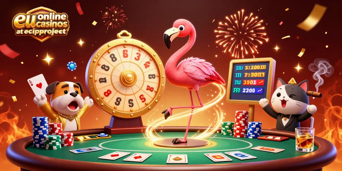 Experience thrilling gameplay with top EU online casinos at equipproject, featuring vibrant casino characters and dynamic gaming elements.