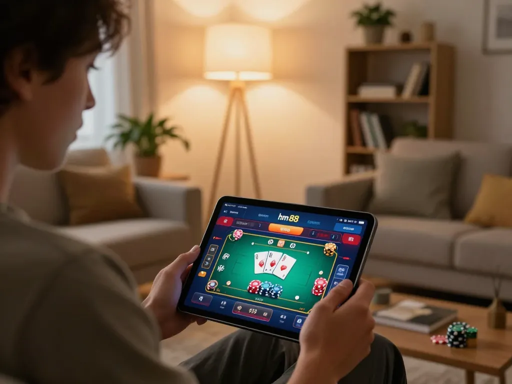 Engaged player using the hm 88 online casino app on a tablet with poker game screen visible in cozy living room setting.