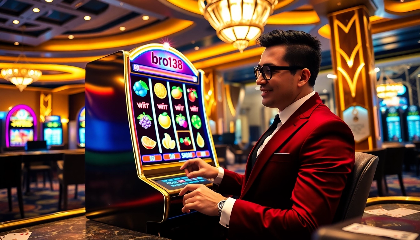 Experience excitement at bro138's colorful slot machines and polished poker tables in a luxury casino.
