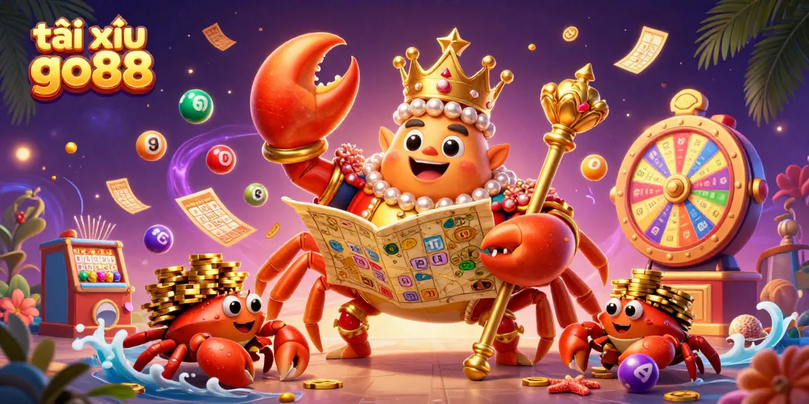 Tài xỉu go88 action scene with a golden crab emperor and colorful lottery elements.