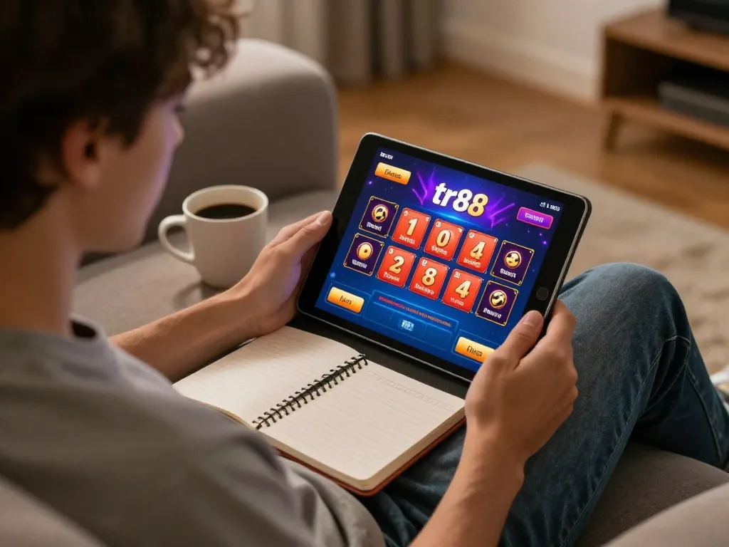 Player exploring tr88 bet on tablet in a comfortable home setting, emphasizing online gambling experience.