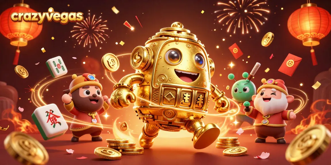 Certainly experience thrilling gaming adventures at crazyvegas with a vibrant illustration of a golden golem surrounded by festive elements.