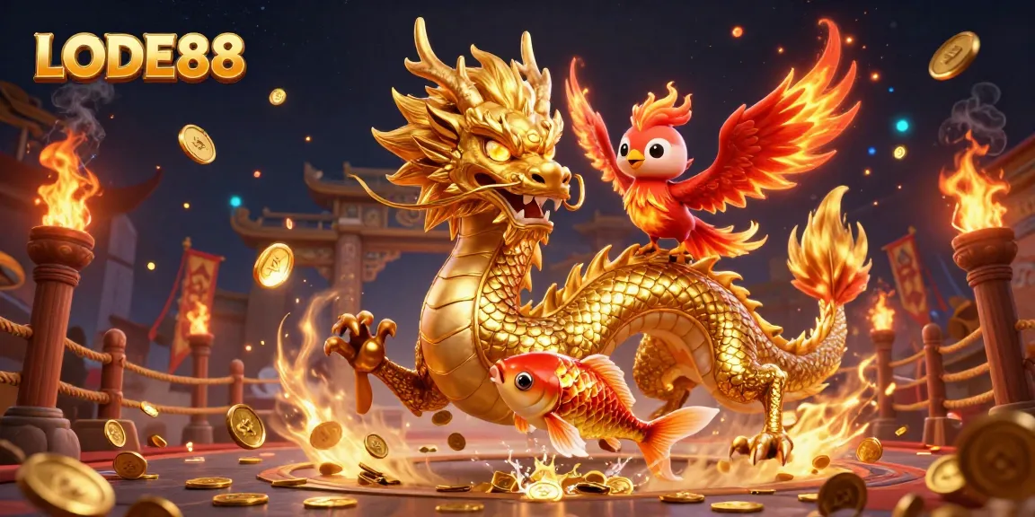 LODE88 showcases a golden dragon and phoenix in an action-packed, vibrant casino scene.