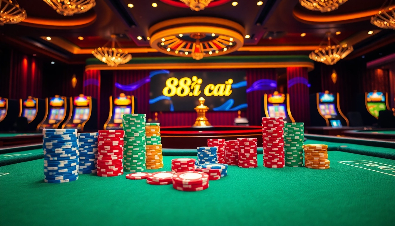 Experience thrilling games at 88i nhà cái with vibrant casino visuals featuring poker chips and roulette wheels.