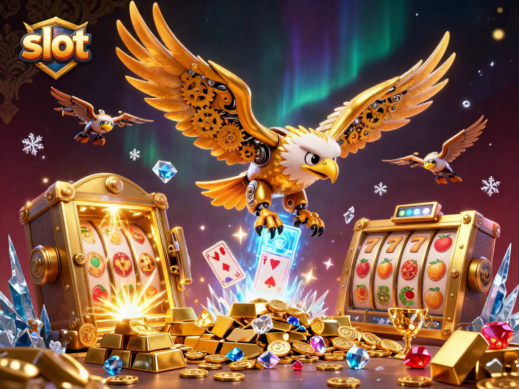 Experience thrilling slot action with a cybernetic eagle amidst vibrant casino treasures.