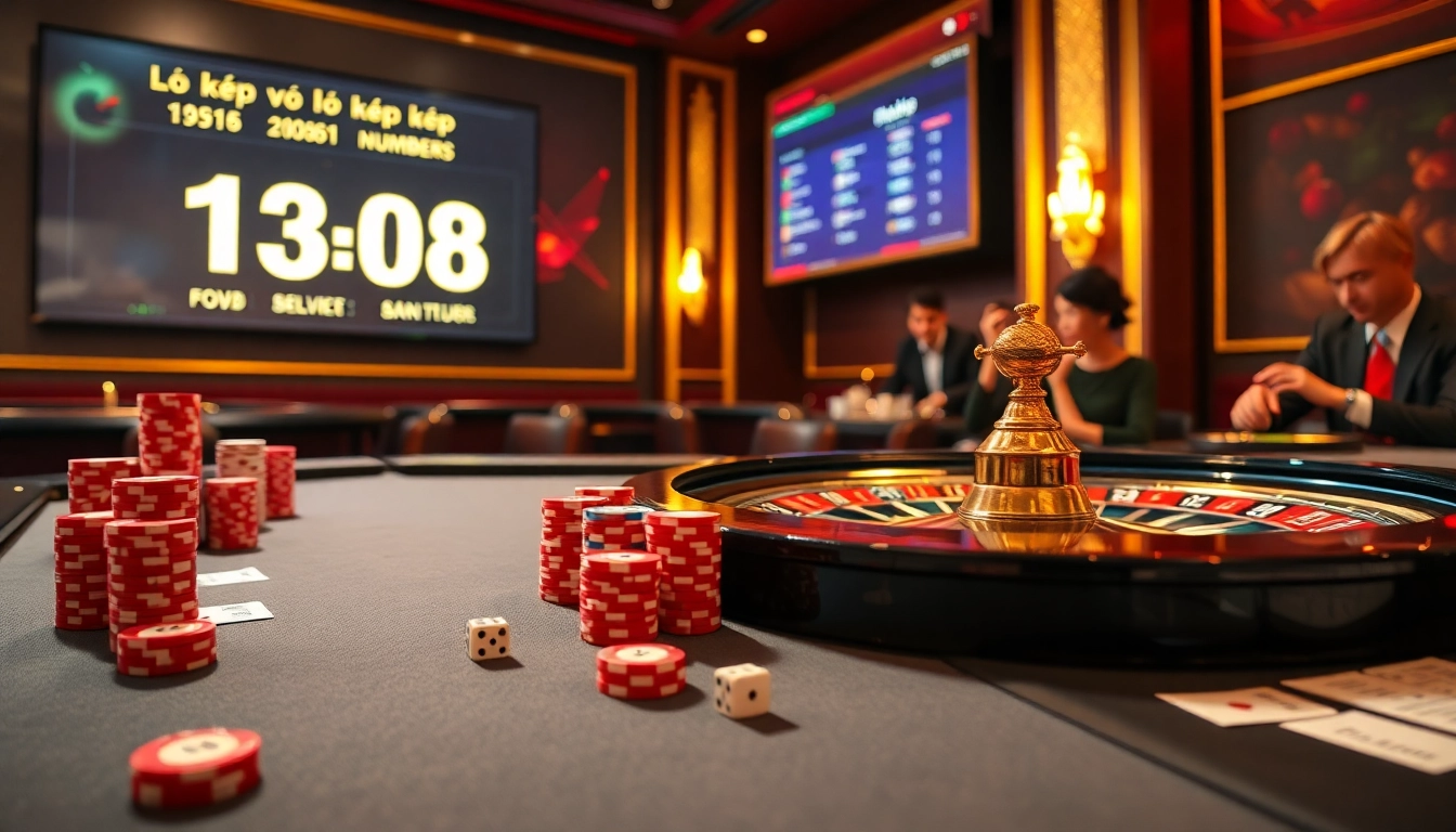 Excited gambler analyzing lô kép numbers at a vibrant casino table.
