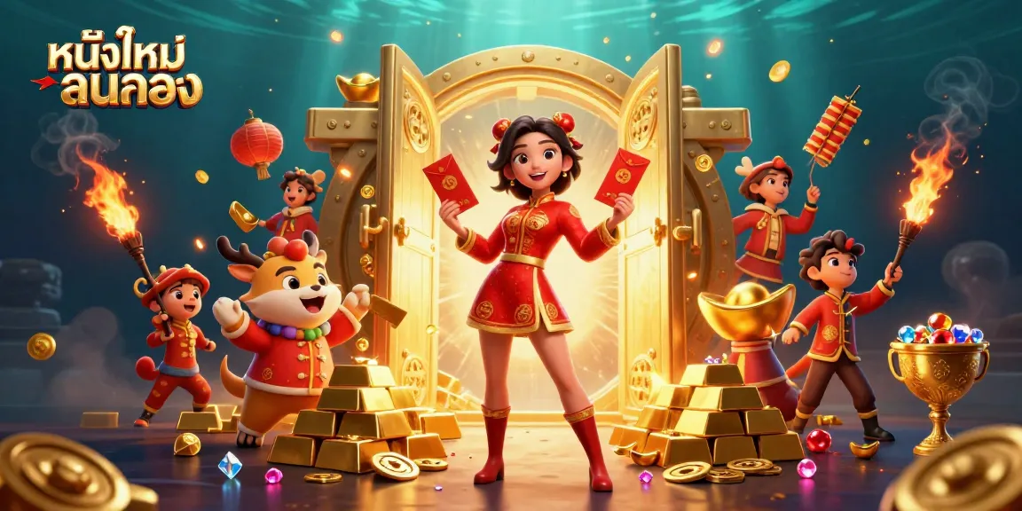 Experience the thrill of หนังใหม่ชนโรง with engaging visuals of vibrant Asian festival elements and dazzling treasures.