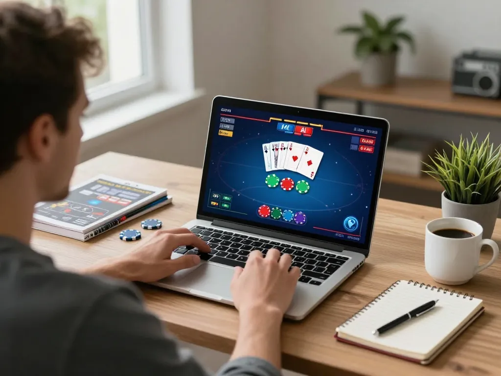 Player focusing on mm88 online poker game at home office with modern setup and strategy notes visible.