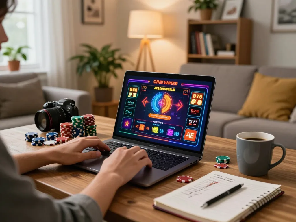Engaging in online gaming at trang chủ nk88 with laptop showcasing vibrant casino action and strategic notes.