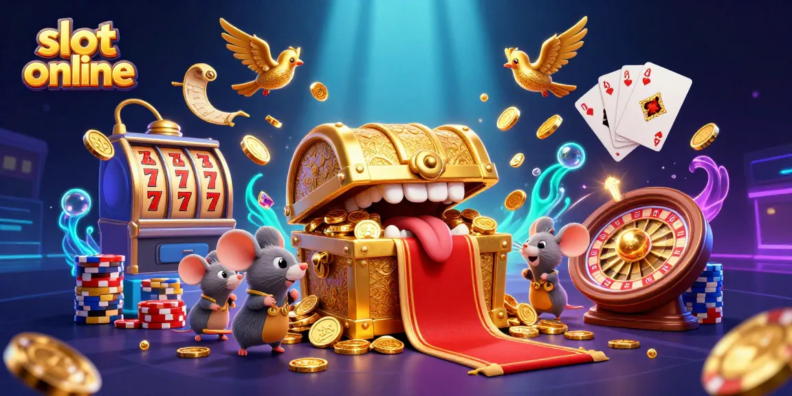 Mainkan slot online dengan simbol tujuh keberuntungan yang bersinar di tengah tumpukan koin emas dan karakter ceria.