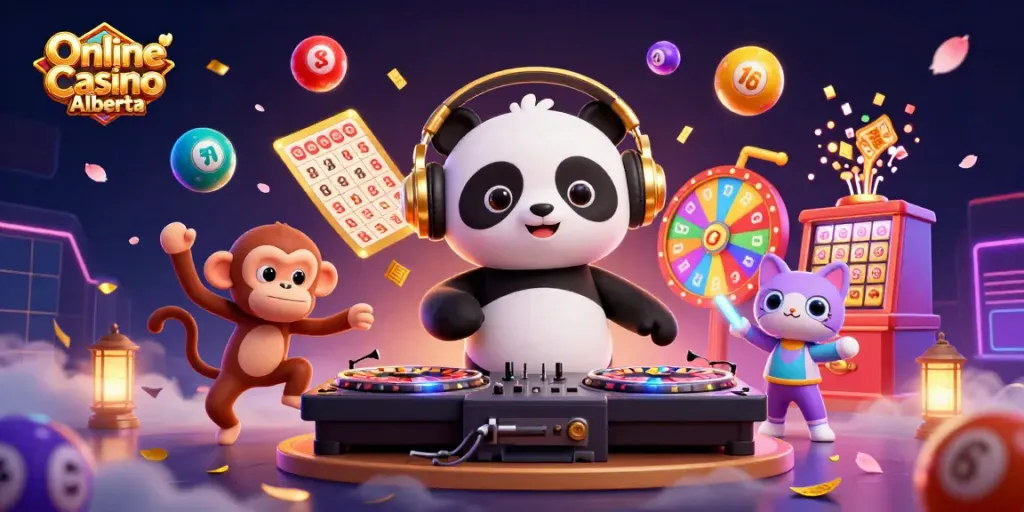 Engage with Online Casino Alberta's lively scene featuring a DJ panda and neon elements.