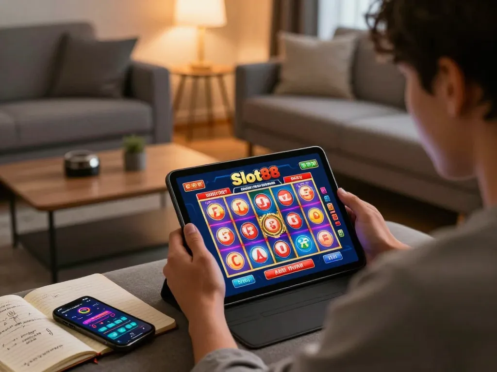 Playing Slot88 on a tablet in a cozy living room with strategic notes and gaming apps visible.