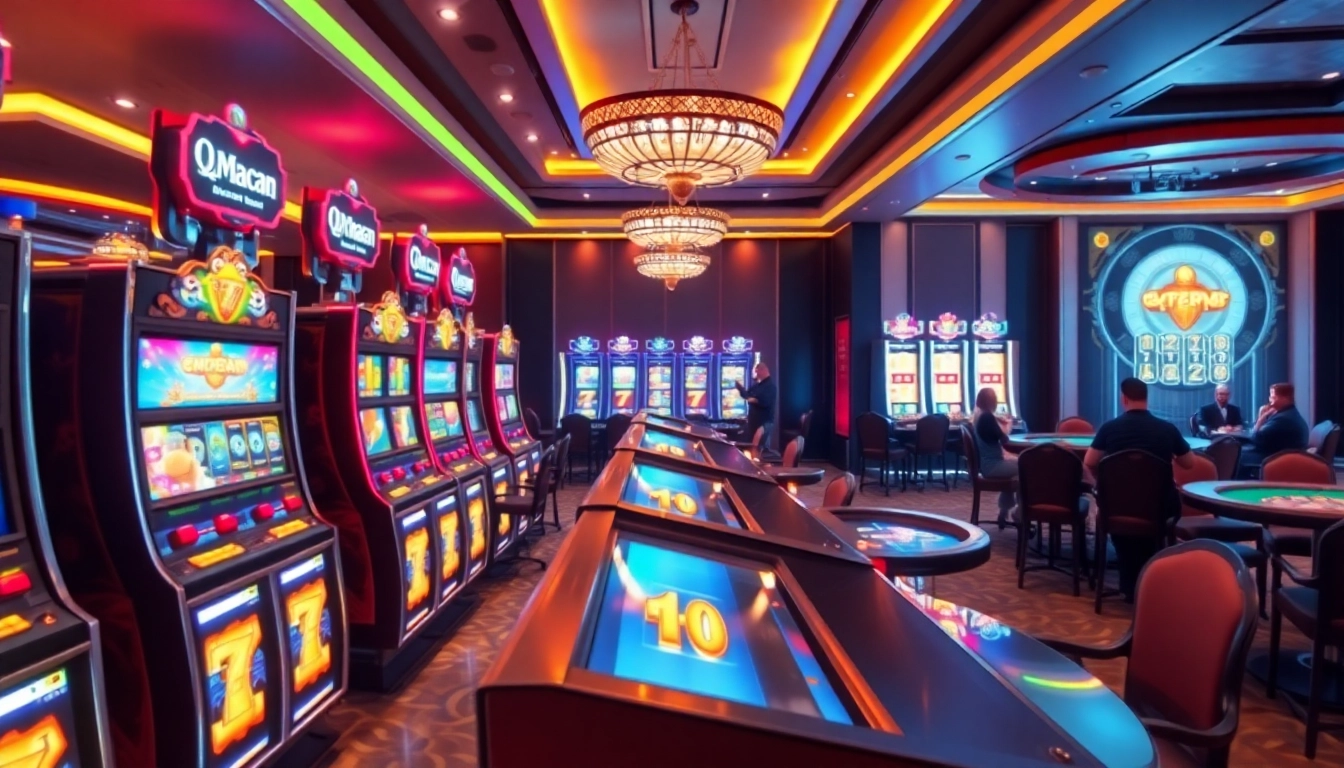 Players enjoying the immersive gaming experience of QQMacan's premium slot machines in a vibrant casino atmosphere.