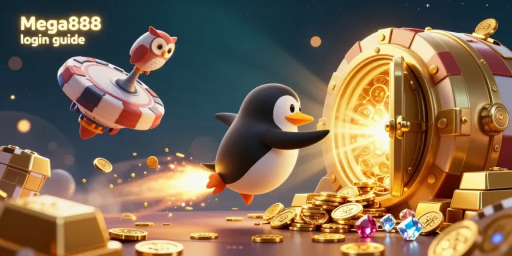 The Mega888 login guide illustrated with a golden penguin and a casino space station, featuring vibrant gaming elements.