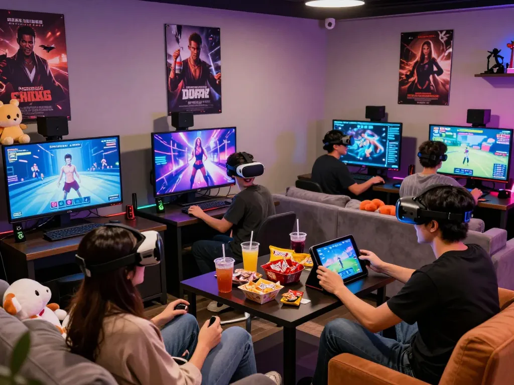 Dynamic group enjoying an adult game session featuring VR and multiplayer games in a vibrant gaming lounge.