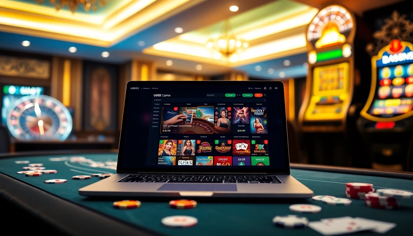 Play exciting casino games with u888.broker on a sleek laptop surrounded by vibrant gambling elements.