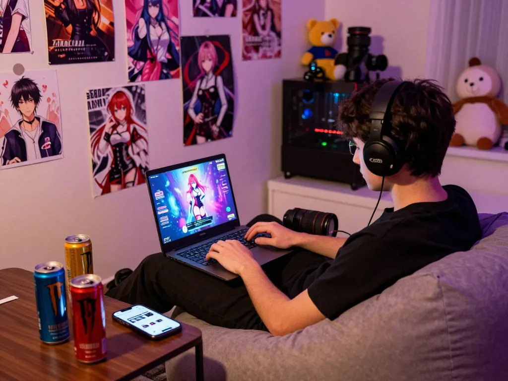 Engaged player enjoying a sex game on a laptop in a cozy gaming setup.