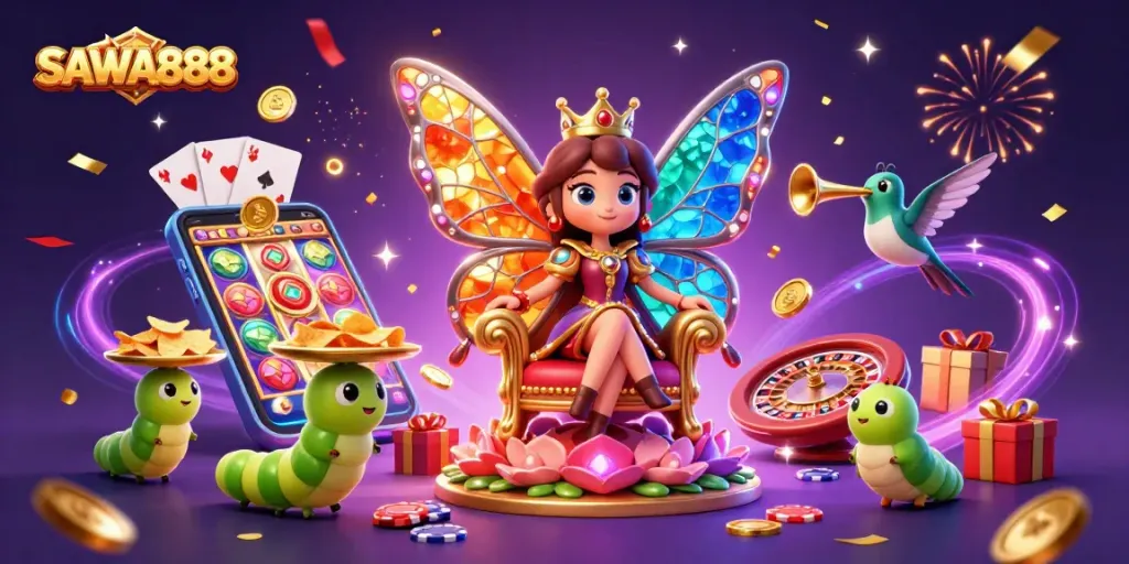 Enjoy the enchanting SAWA888 gaming scene with a butterfly queen, colorful slots, and bustling casino elements.